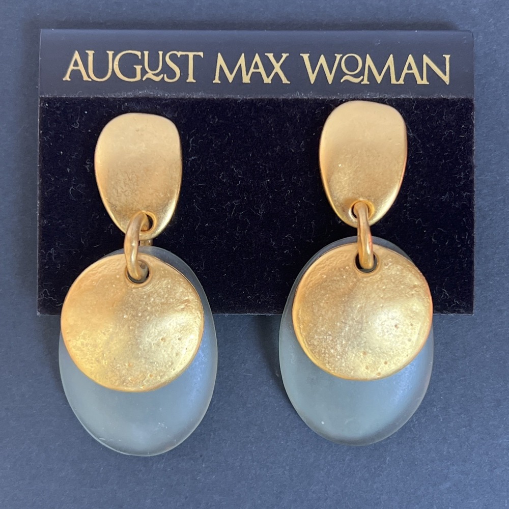 VTG August Max Woman Matte Gold Tone Modernist Dangle Clip Earrings